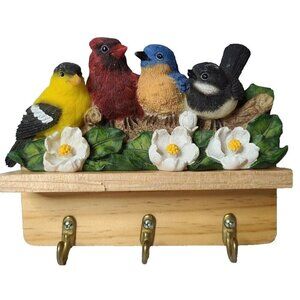 Vintage Crossroads Carved Wood 3D Birds Key Hanger Wall Rack 3 Hook Hand Painted